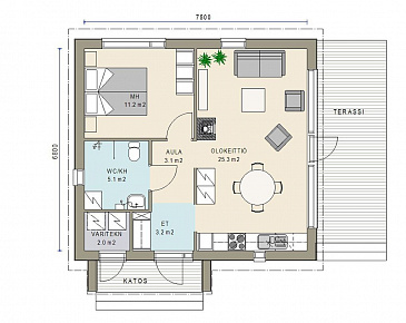 Проект каркасного дома с открытой террасой / План 1 этажа