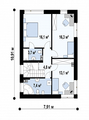 Проект загородного дома с террасой, кладовой, двумя санузлами на  втором этаже / План 2 этажа