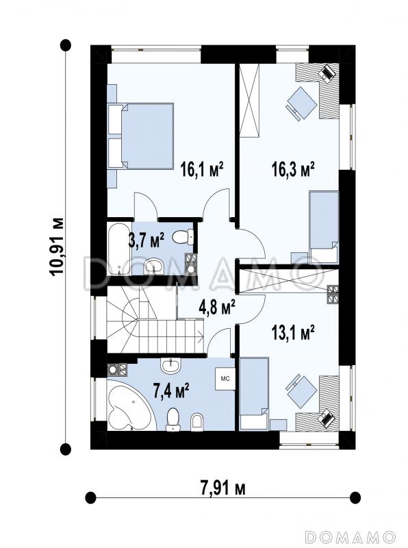 Проект загородного дома с террасой, кладовой, двумя санузлами на  втором этаже / План 2 этажа