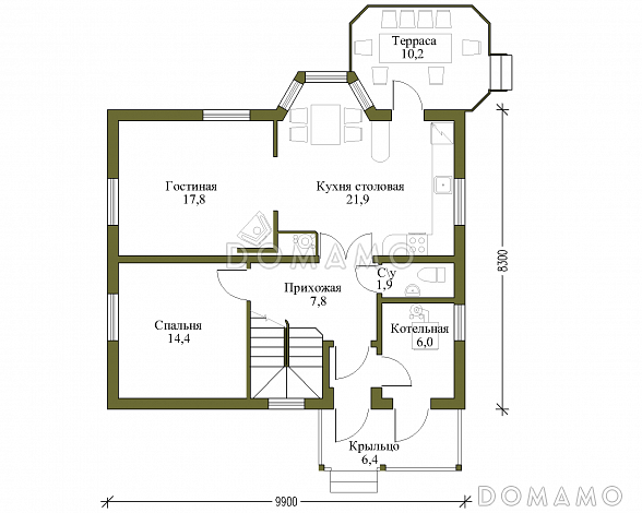 Проект коттеджа из газобетона с вальмовой крышей / План 1 этажа