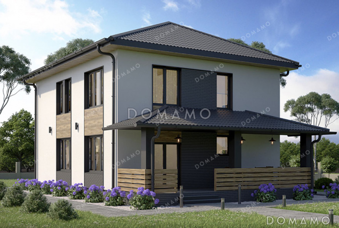 Проект двухэтажного коттеджа с 3 спальнями, просторной кухней-гостиной и крытой террасой