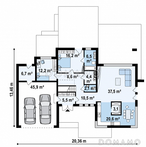 Проект просторного современного двухэтажного дома из газобетона, с пятью комнатами, гаражом и террасой над ним / План 1 этажа