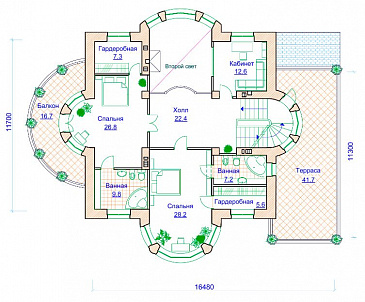 Проект коттеджа с двусветной гостиной, гаражом и террасой / План 2 этажа
