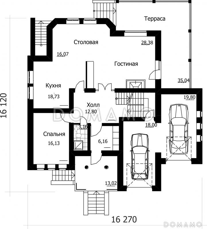 Проект коттеджа с встроенным гаражом / План 1 этажа