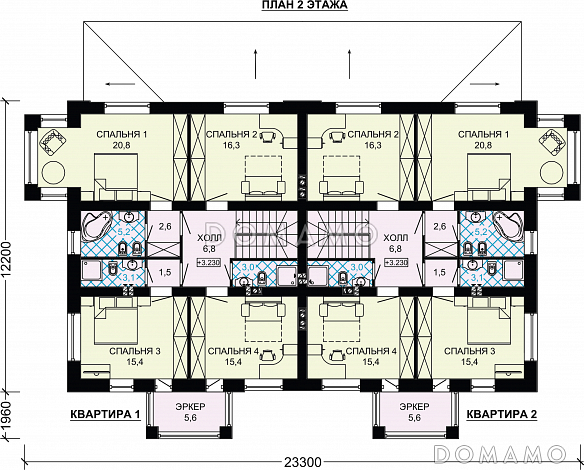 Проект двухэтажного дуплексного дома с крытой террасой / План 2 этажа