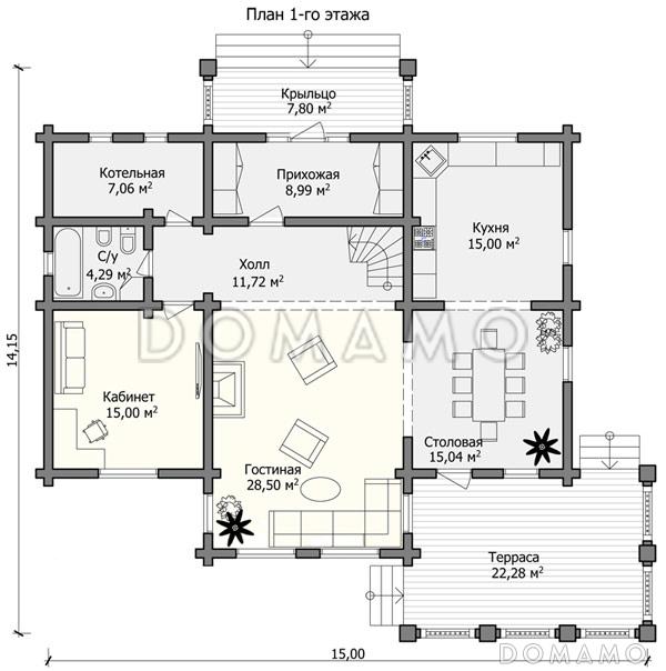 Проект дома из бревна со вторым светом который украшает общий вид из холла / План 1 этажа