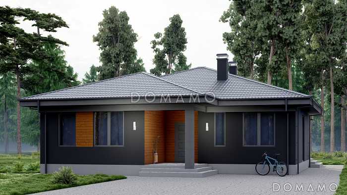 Проект одноэтажного дома в стиле хай-тек с тремя спальнями, гостиной и кабинетом