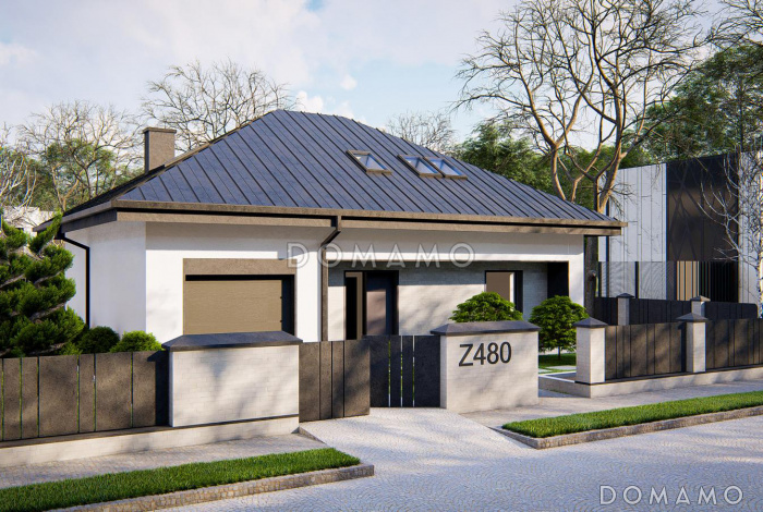 Проект традиционного загородного дома с мансардой, гаражом на одну машину, кладовой на кухне