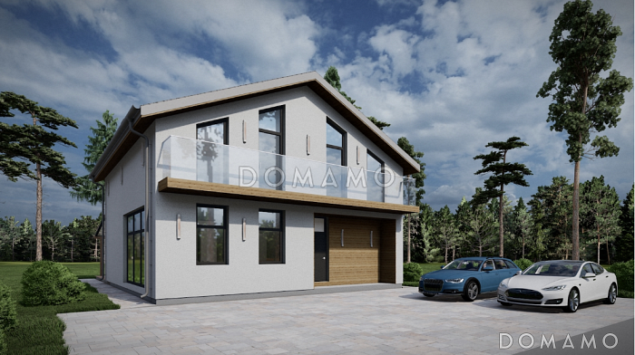 Проект коттеджа с просторной крытой террасой, кабинетом, длинным балконом на мансардном этаже на две спальни