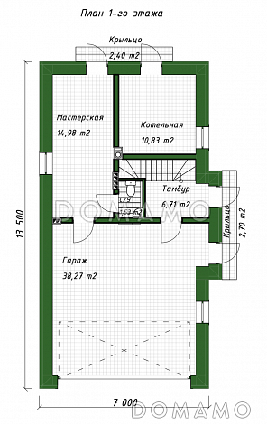 Проект гаража из газобетона с мансардным этажом и облицовкой из кирпича / План 1 этажа