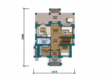 Проект большого двухэтажного дома с подвалом в стиле Райт с комбинированной отделкой и широкой кровлей / План 1 этажа