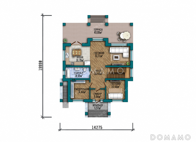 Проект большого двухэтажного дома с подвалом в стиле Райт с комбинированной отделкой и широкой кровлей / План 1 этажа