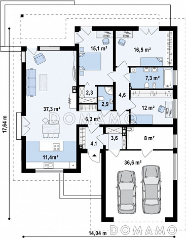 Проект современного одноэтажного дома из кирпича с тремя спальнями и большим фронтальным гаражом / План 1 этажа