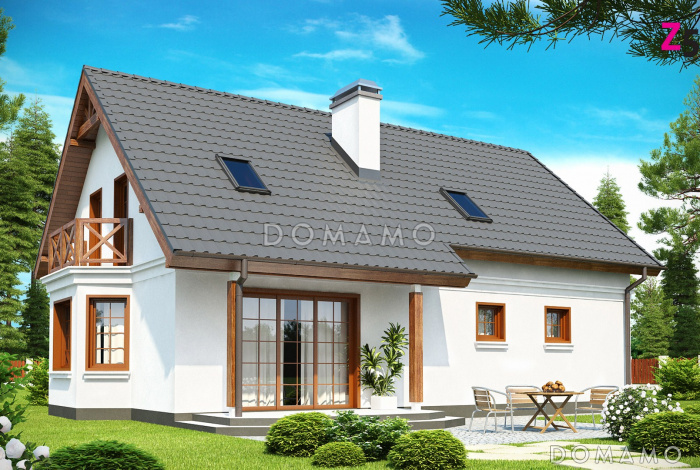 Проект одноэтажного мансардного дома из газобетона с эркером в столовой зоне и со встроенным гаражом