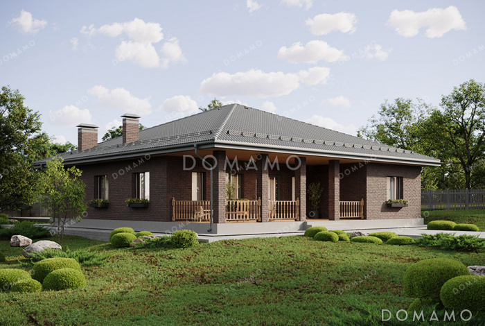 Проект большого одноэтажного дома с просторной зоной кухни-гостиной, крытой террасой, выделенной мастер-спальней и кабинетом