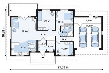 Проект одноэтажного дома из газобетона с тремя спальнями и гаражом на два автомобиля, с возможностью обустройства мансарды / План 1 этажа