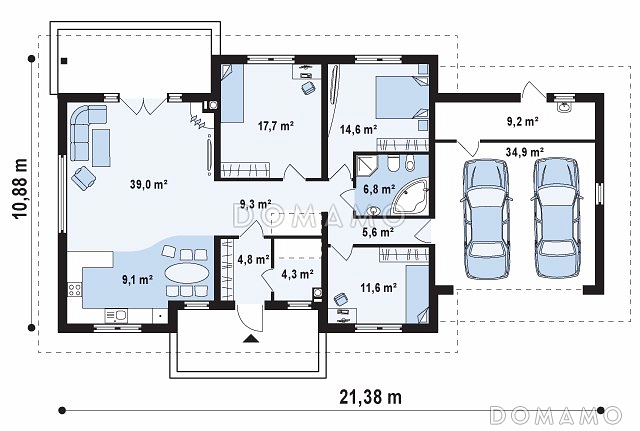 Проект одноэтажного дома из газобетона с тремя спальнями и гаражом на два автомобиля, с возможностью обустройства мансарды / План 1 этажа