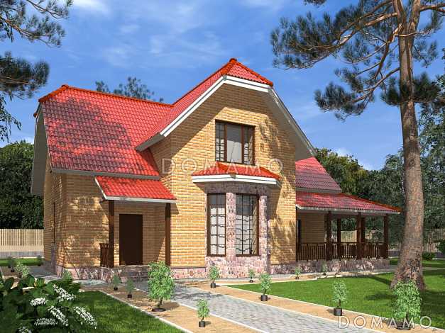 Проект полутораэтажного коттеджа с яркой облицовкой и открытой террасой