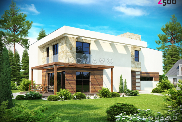 Проект современного двухэтажного дома из газобетона в стиле модерн с пятью спальнями, с гаражом, угловой террасой и балконом над ней