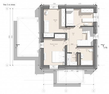 Проект двухэтажного дома с тремя спальнями, кабинетом, гостной-кухней-столовой и котельной / План 2 этажа