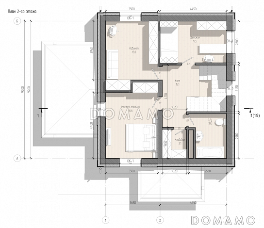 Проект двухэтажного дома с тремя спальнями, кабинетом, гостной-кухней-столовой и котельной / План 2 этажа