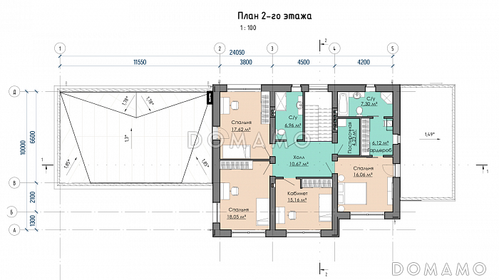 Проект дома с 3 спальнями, кабинетом, гаражом, сауной и спортзалом / План 2 этажа