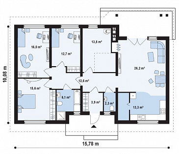 Проект классического одноэтажного дома из газобетона с тремя спальнями и возможностью обустройства мансарды / План 1 этажа