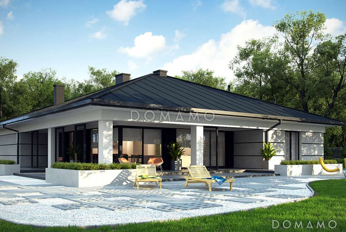 Проект комфортного одноэтажного дома из кирпича с четырьмя спальнями, просторной гостиной и гаражом