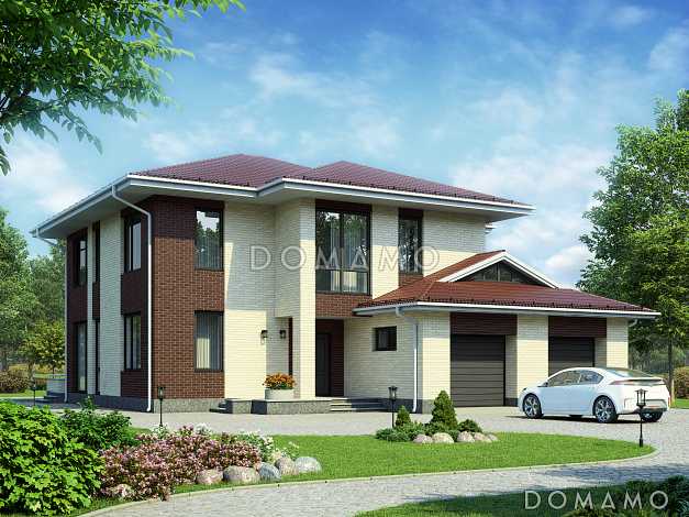 Проект двухэтажного дома из газобетона с окнами в пол в гостиной