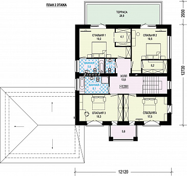 Проект кирпичного двухэтажного особняка с двойным гаражом / План 2 этажа