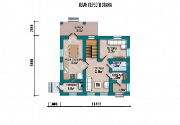 Проект дома с просторной кухней-столовой, загороженным крыльцом и уютным балконом на верхнем этаже / План 1 этажа