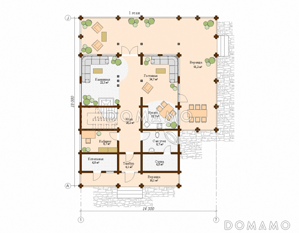 Проект дома с большой открытой террасой / План 1 этажа