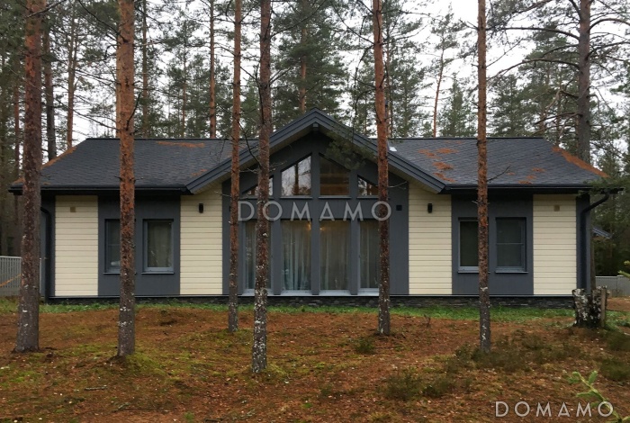 Проект скандинавского дома из газобетона с большой гостиной, крытой террасой и двумя спальнями