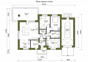Проект одноэтажного дома с пристроенным гаражом и крытой террасой / План 1 этажа
