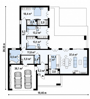 Проект современного одноэтажного дома из газобетона с плоской крышей, с большой угловой террасой и двухместным гаражом  / План 1 этажа