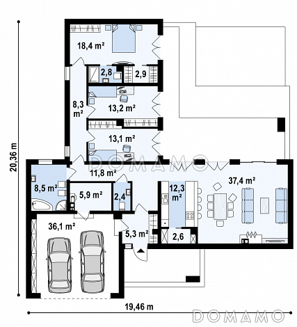 Проект современного одноэтажного дома из газобетона с плоской крышей, с большой угловой террасой и двухместным гаражом  / План 1 этажа