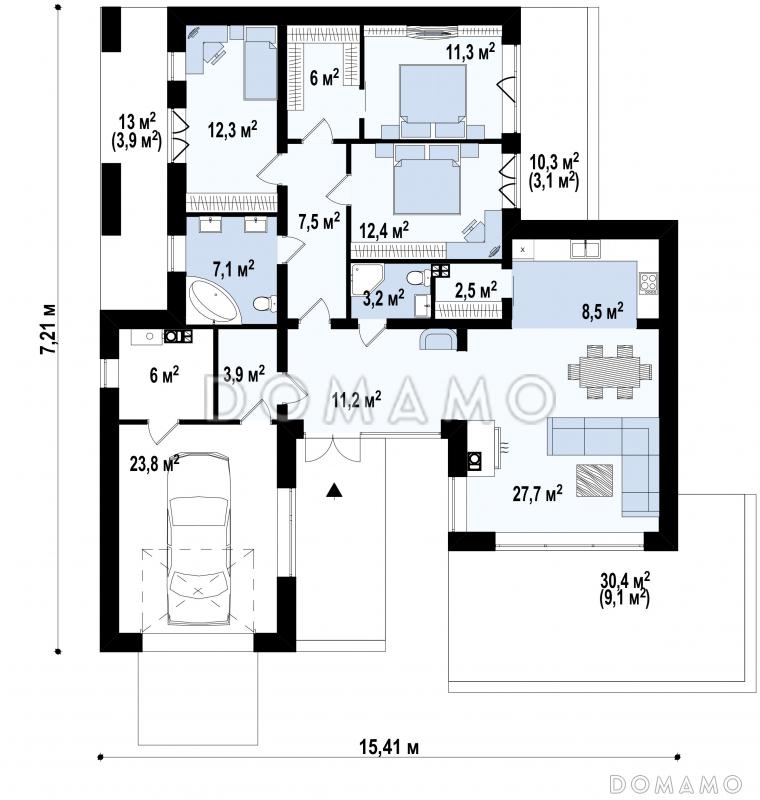 Проект комфортного одноэтажного дома из кирпича с тремя спальнями и гаражом / План 1 этажа