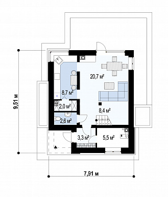 Проект двухэтажного дома из газобетона с дневной зоной на первом этаже и тремя спальнями на втором / План 1 этажа