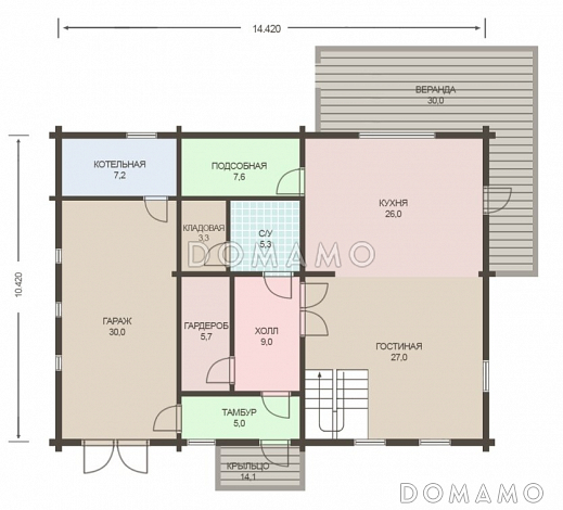Проект деревянного дома из клееного бруса с встроенным гаражом / План 1 этажа