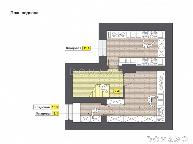Проект малогабаритного дома с кладовой в подвале, зоной отдыха, двумя спальнями, окном в ванной / План цокольного этажа