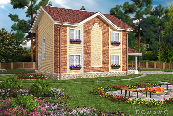 Проект двухэтажного коттеджа с террасой и двухцветной облицовкой