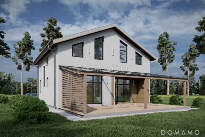 Проект коттеджа с просторной крытой террасой, кабинетом, длинным балконом на мансардном этаже на две спальни