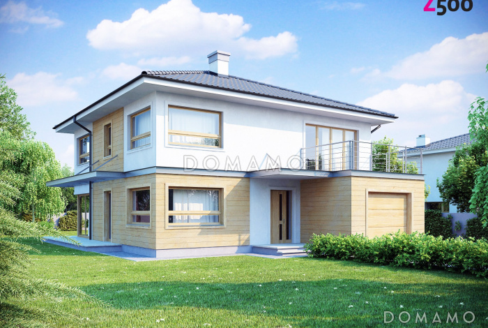 Проект двухэтажного дома из кирпича с четырьмя спальнями и удлинённым двухместным гаражом