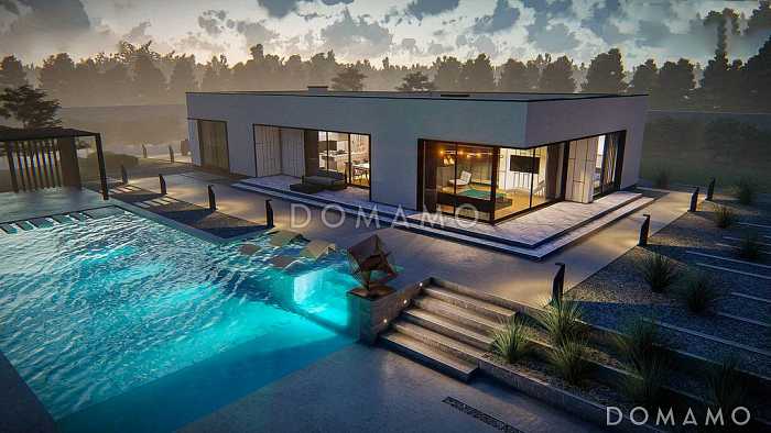 Проект одноэтажного дома из кирпича с просторной гостиной, мастер-спальней и гаражом на 2 машины