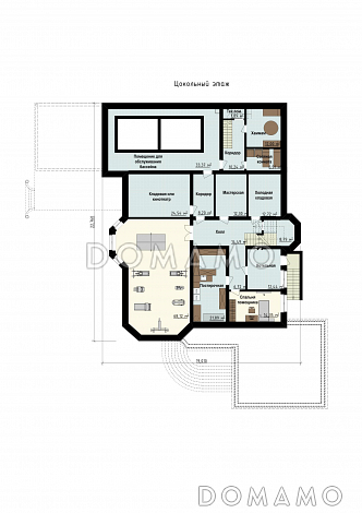 Проект дома со спортзалом, бассейном, бильярдной, просторной обеденной зоной, террасами, гаражом / План цокольного этажа