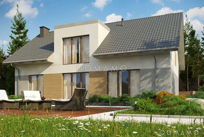 Проект комфортного одноэтажного мансардного дома из кирпича с гаражом и террасой над ним