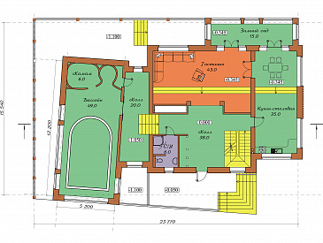 Проект двухэтажного коттеджа с мансардой, цоколем, бассейном и зимним садом / План 1 этажа