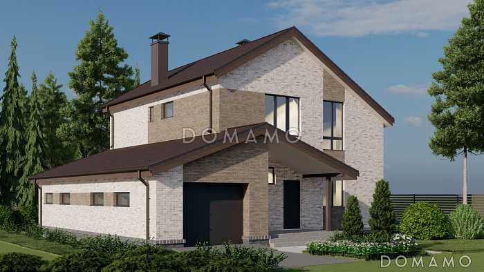 Проект двухэтажного кирпичного дома с гаражом на два машиноместа, тремя спальнями и кабинетом на втором этаже