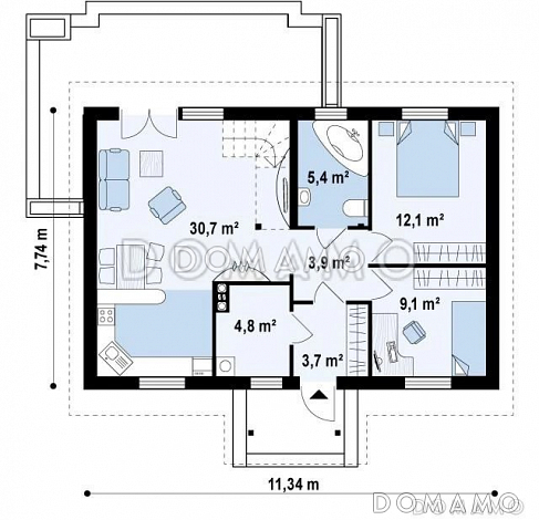Проект компактного одноэтажного дома из газобетона с двумя спальнями, с возможностью обустроить мансарду / План 1 этажа