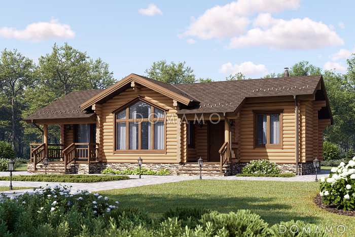 Проект бревенчатого дома с одной спальней, кухней-столовой и просторной гостиной с камином
